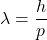 \[\lambda = \frac{h}{p}\]