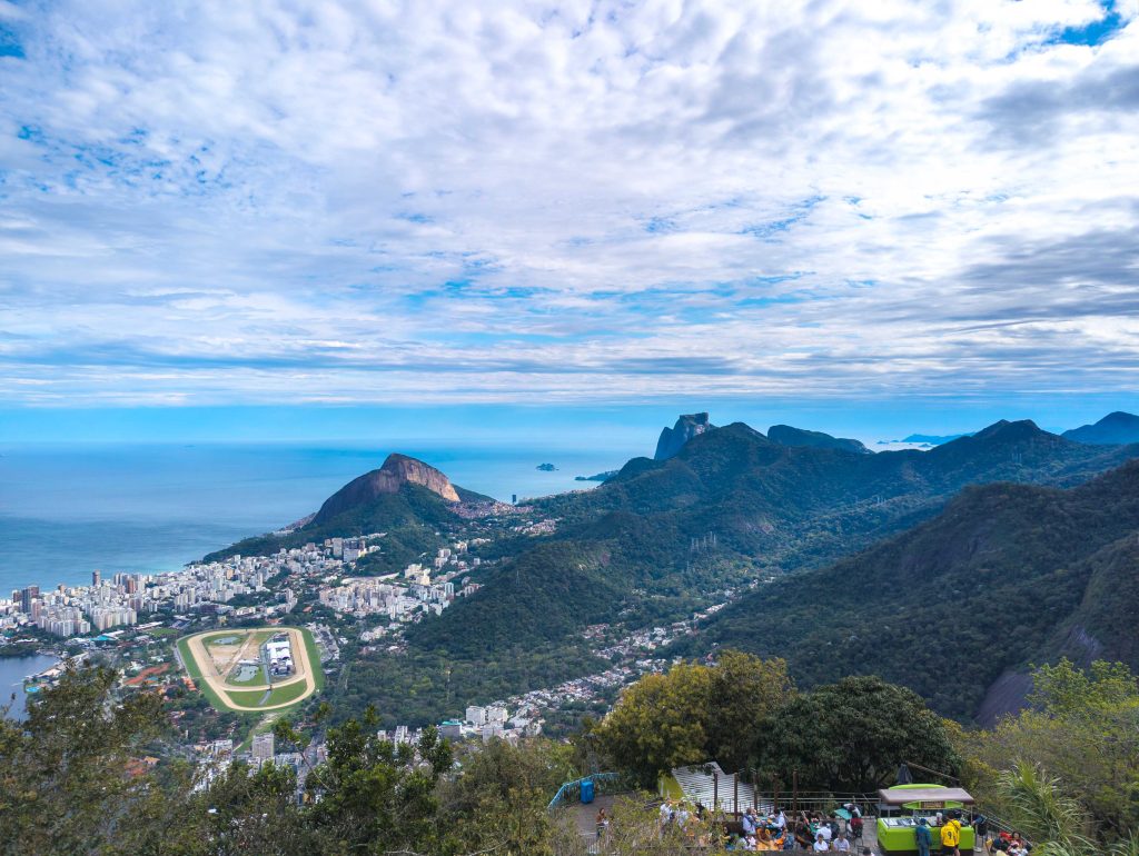 View from Mount Corcovado toward Rodrigo de Freitas lagoon and the peaks of Morro Dois Irmaos