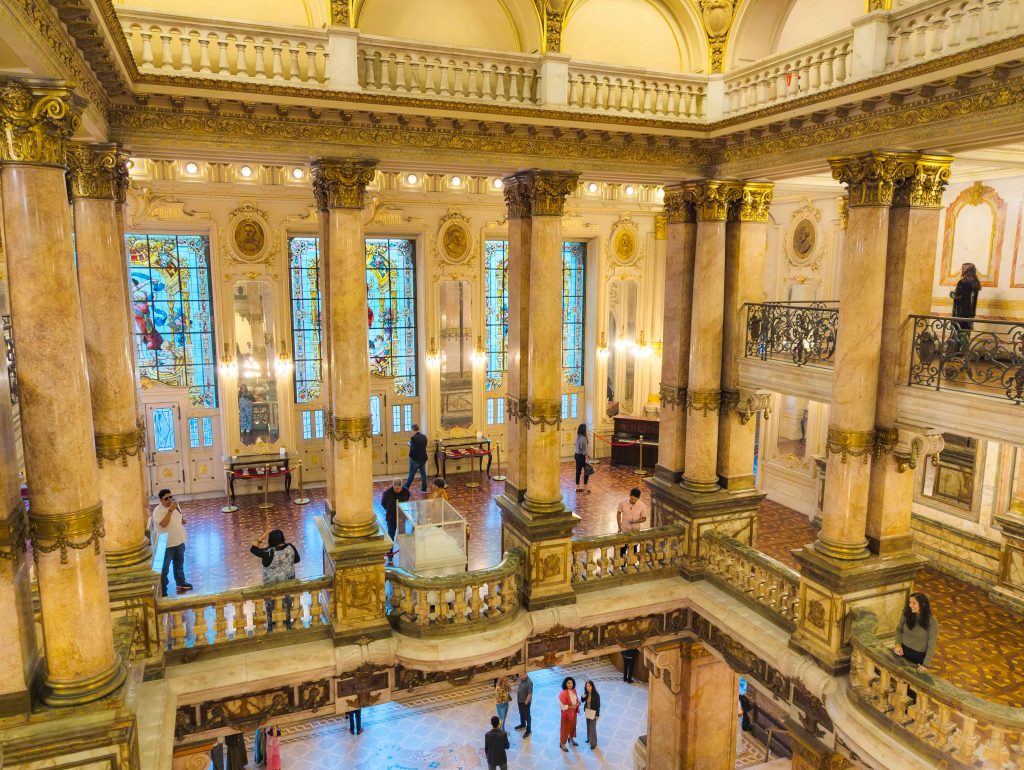 Grand interior foyer and marble staircases inside the Theatro Municipal in Rio de Janeiro