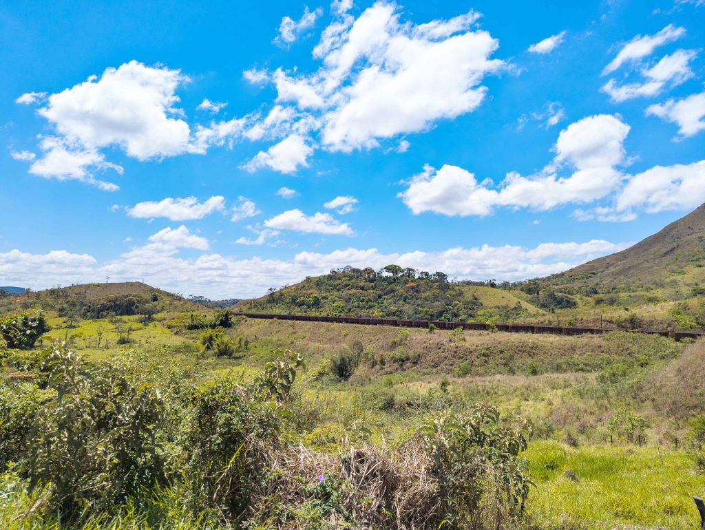Long freight train carrying iron ore hopper cars across the green hills of Minas Gerais
