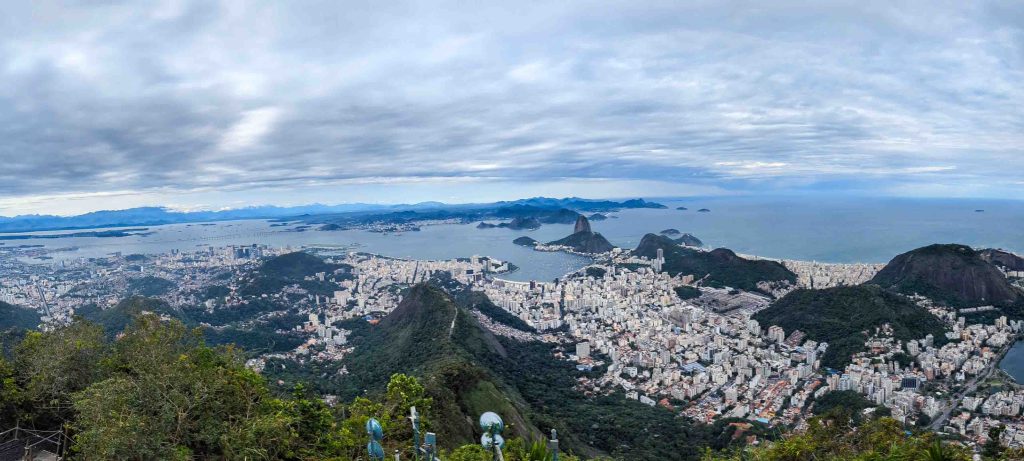 Wide panorama from Mount Corcovado overlooking central Rio de Janeiro and Guanabara Bay