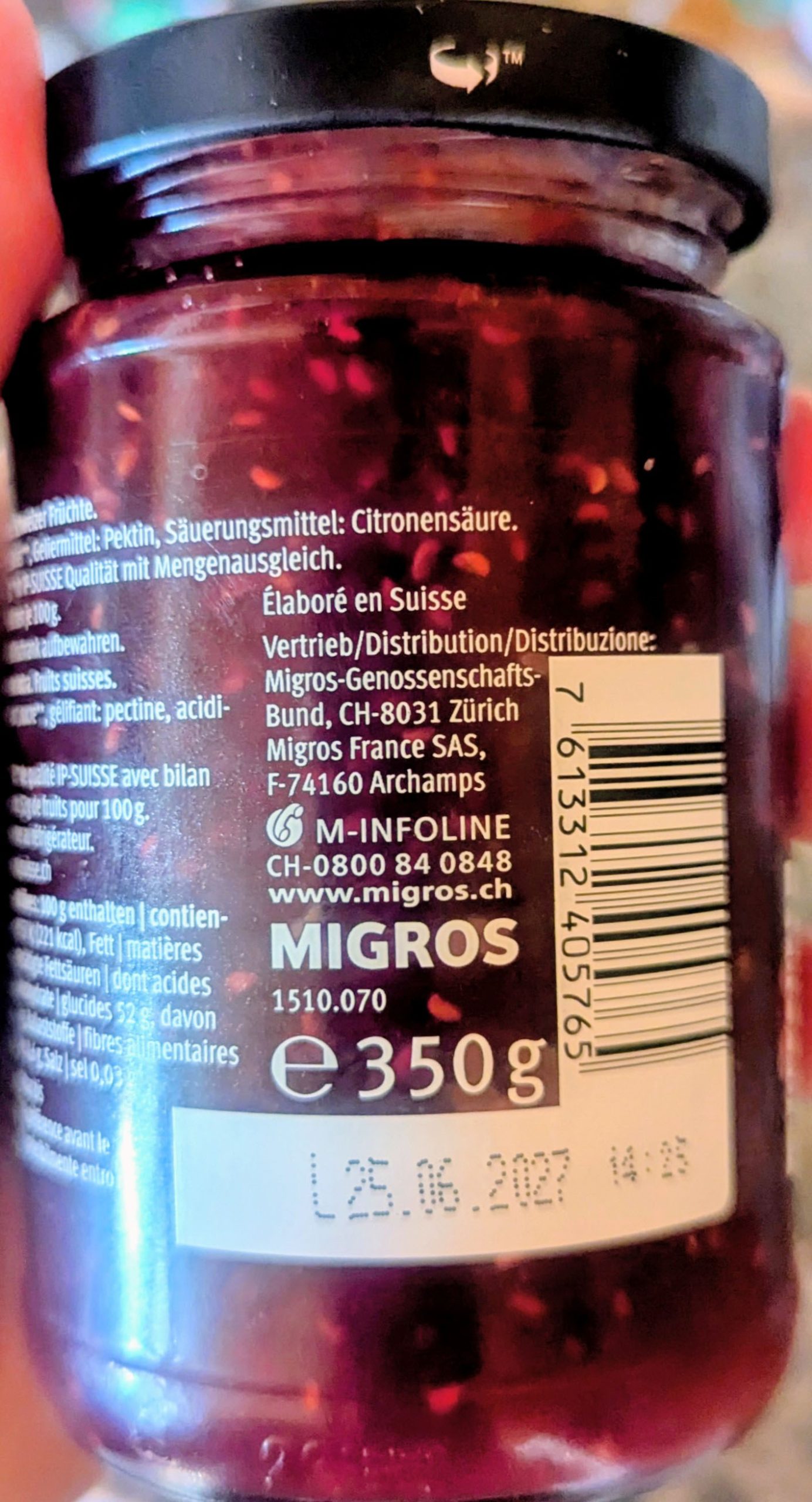 Swiss raspberry jam label and ingredients