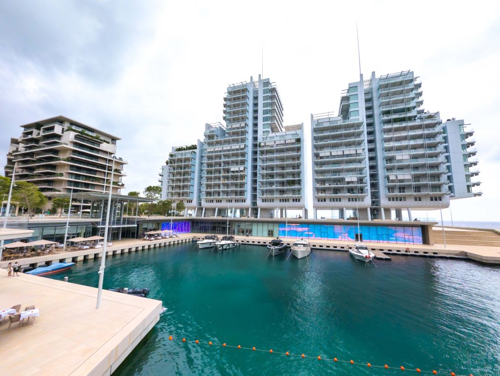 Modern waterfront buildings and private boat basin in the Mareterra district of Monaco