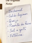 Handwritten culinary note in Portuguese listing bechamel, vegetable stock, cheese, and pepper