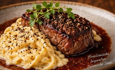 Seared beef tenderloin steak with red wine Roti sauce and fettuccine in creamy cheese sauce