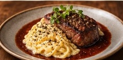 Plated beef tenderloin steak with creamy cheese fettuccine and cracked black pepper